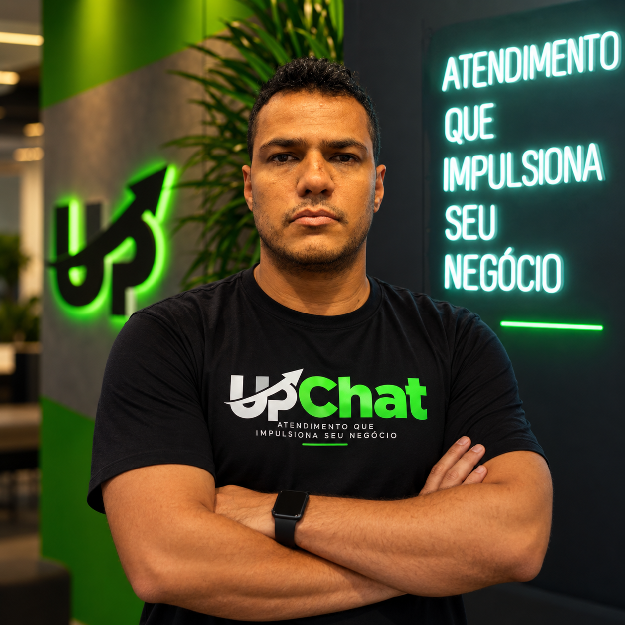 Especialista da UpChat em ambiente corporativo com o slogan Atendimento que impulsiona seu negócio